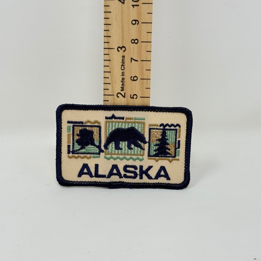 Alaska Souvenir Travel Patch Bear Pine Tree State Map Embroidered Navy Cream 3x2